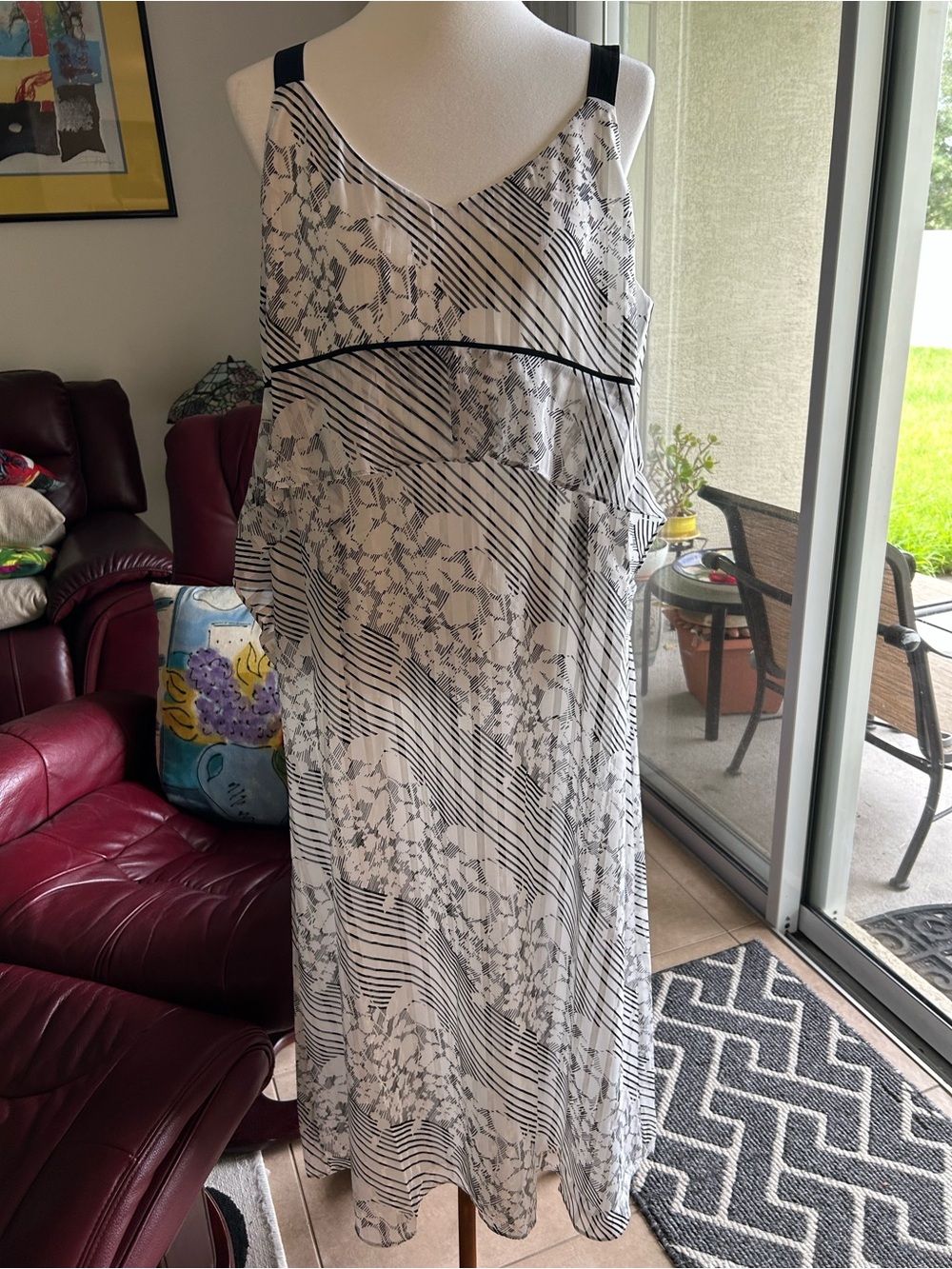 CAbi Black and White Floral-Stripe Sleeveless Maxi Dress